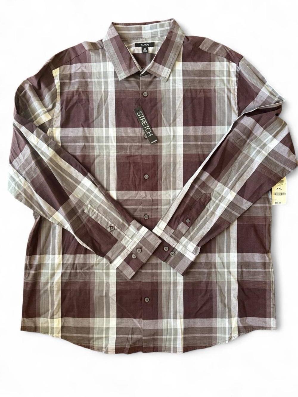 Alfani Men's Brown and Cream Plaid Stretch Button-Down Shirt